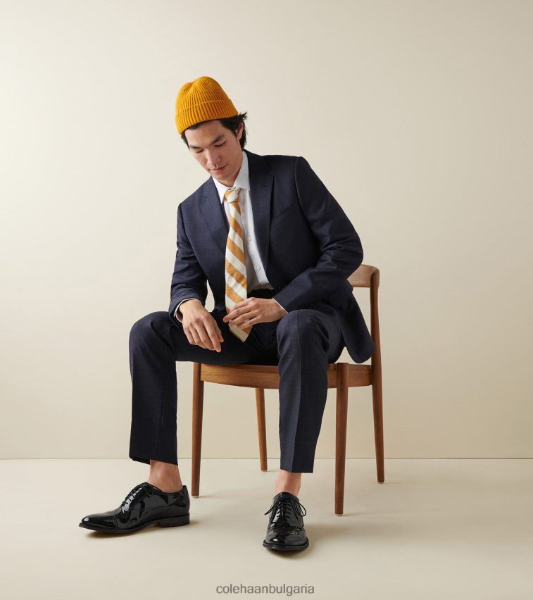 Cole Haan модерна класическа шапка с пръсти Оксфорд мъже 84PB6Z402 черен патент обувки